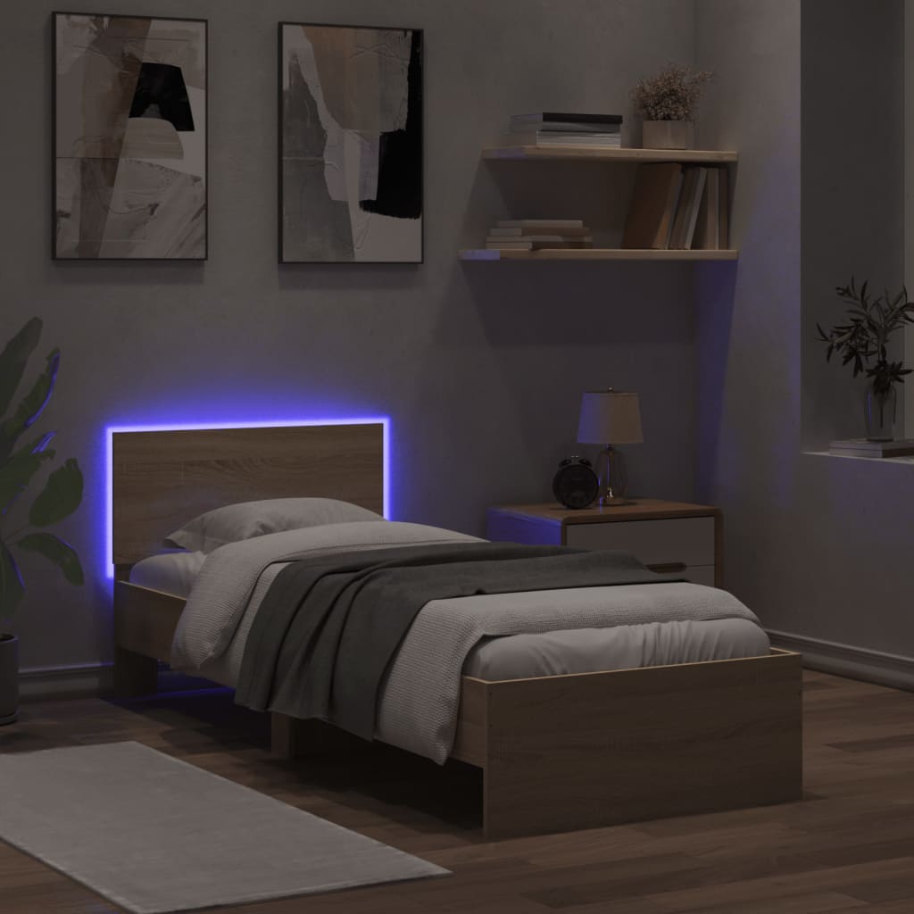 sonoma tölgy színű ágykeret fejtámlával és LED-ekkel 75x190 cm