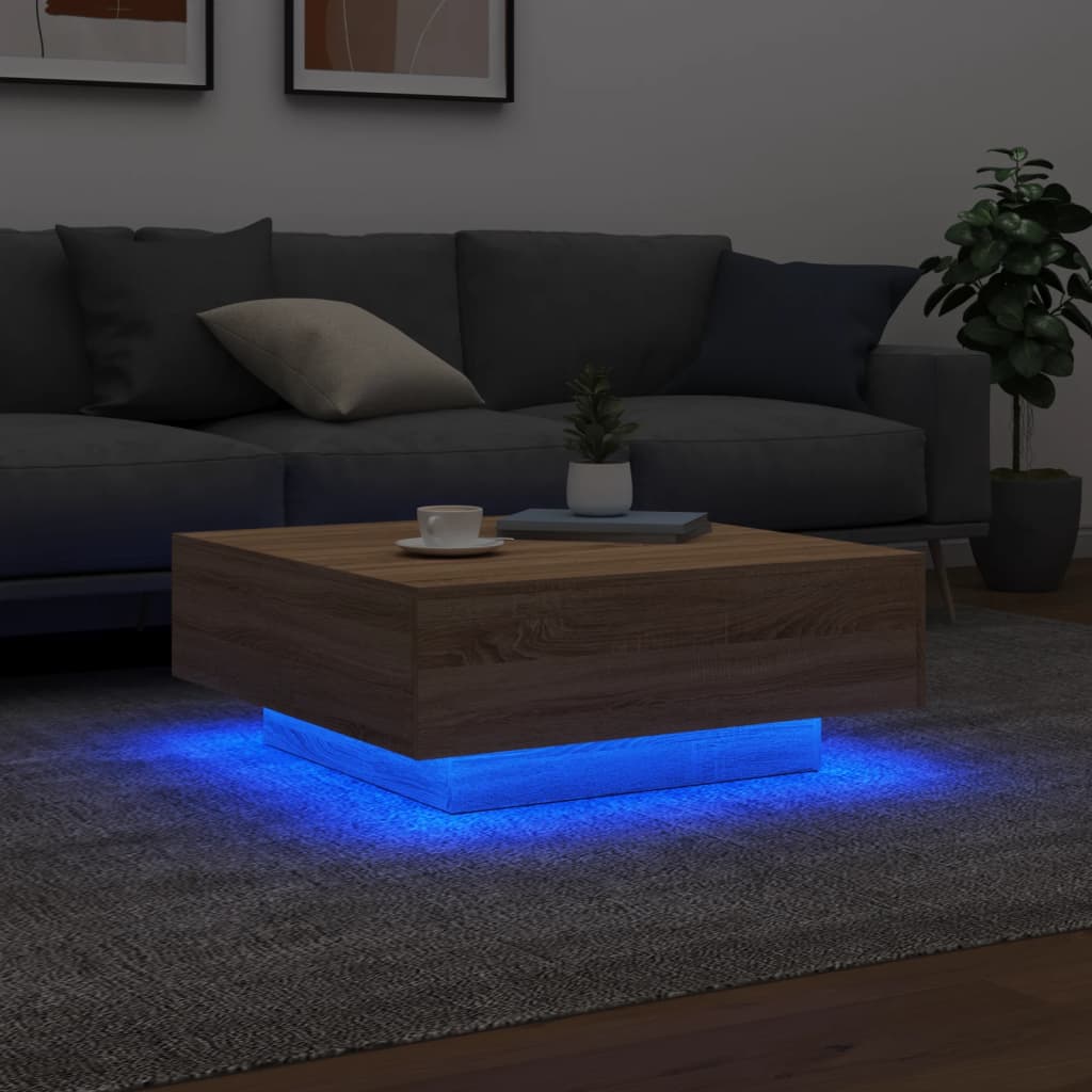 sonoma tölgy színű dohányzóasztal LED-lámpákkal 80 x 80 x 31 cm