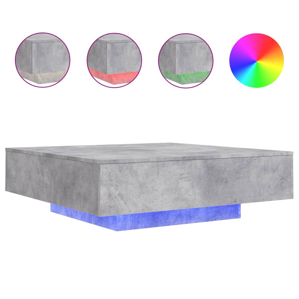 betonszürke dohányzóasztal LED-lámpákkal 100 x 100 x 31 cm