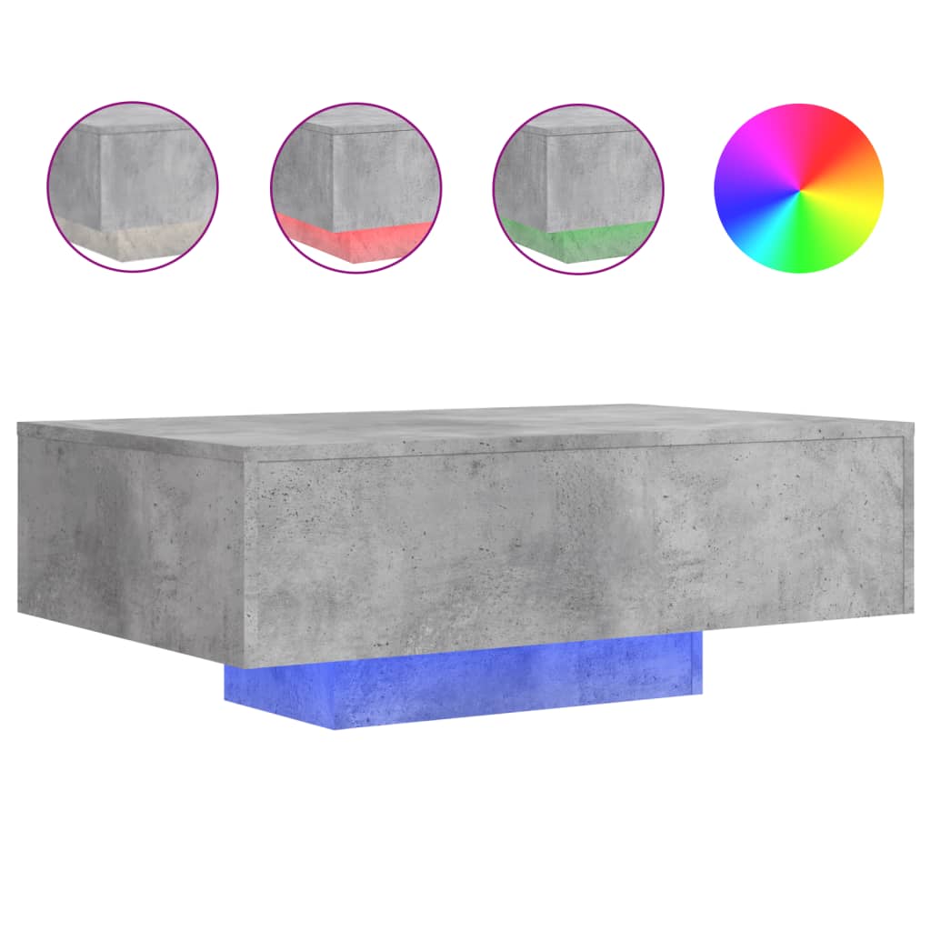 betonszürke dohányzóasztal LED-lámpákkal 85 x 55 x 31 cm
