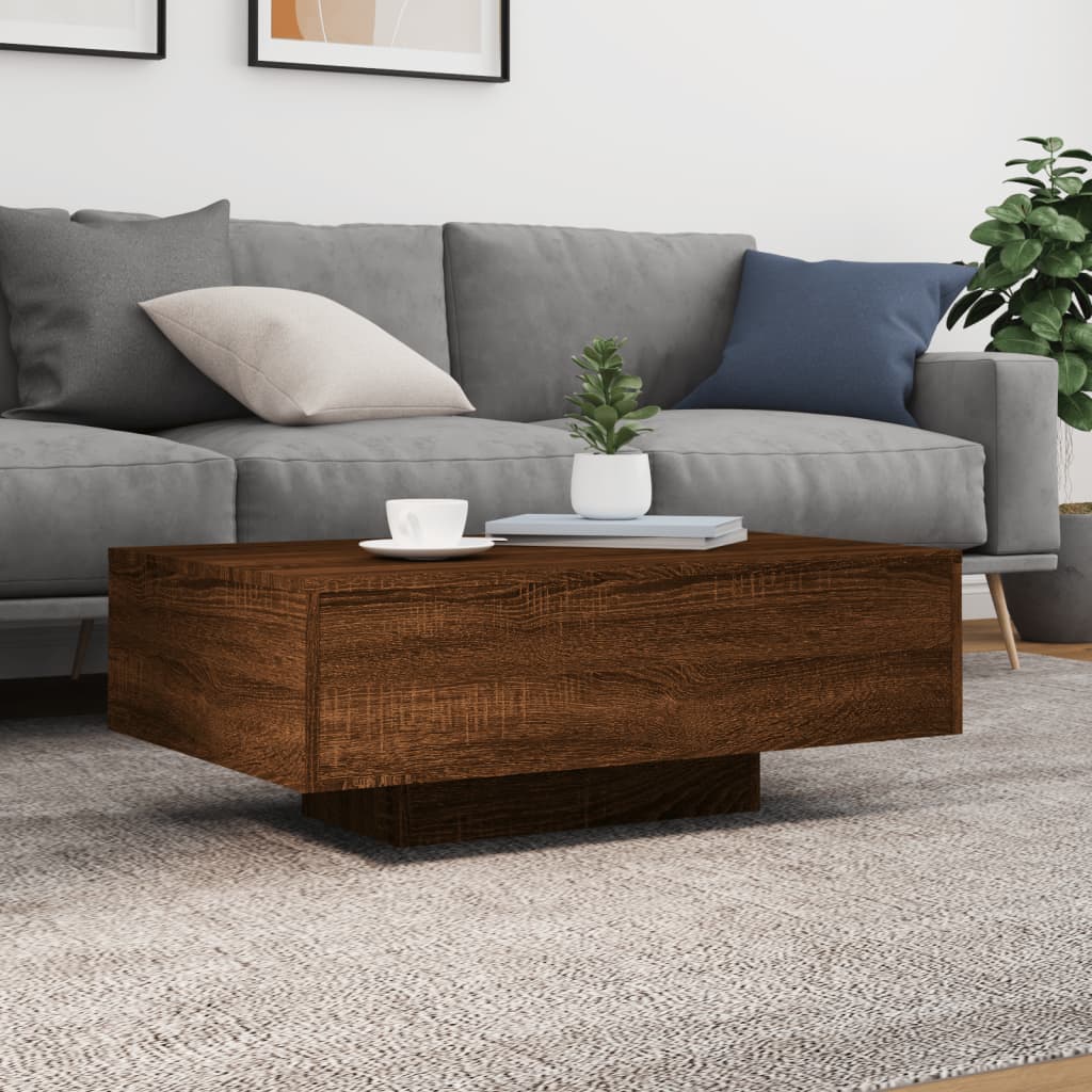 barna tölgyszínű dohányzóasztal LED-lámpákkal 85 x 55 x 31 cm