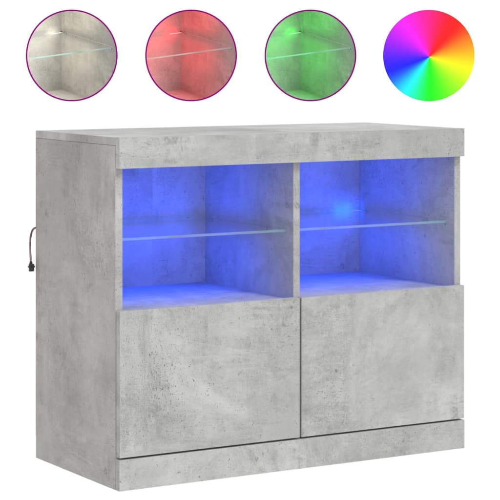 betonszürke tálalószekrény LED-világítással 81 x 37 x 67 cm