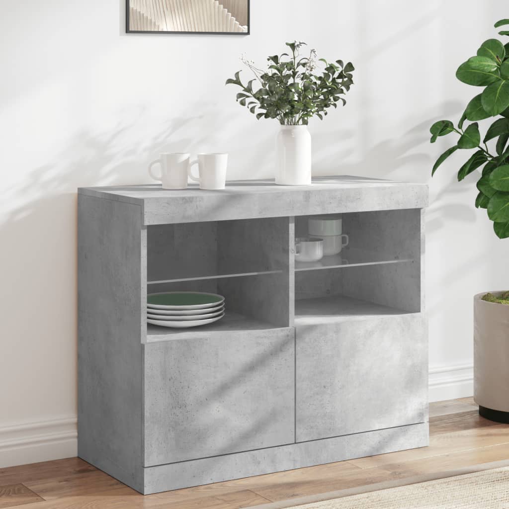 betonszürke tálalószekrény LED-világítással 81 x 37 x 67 cm
