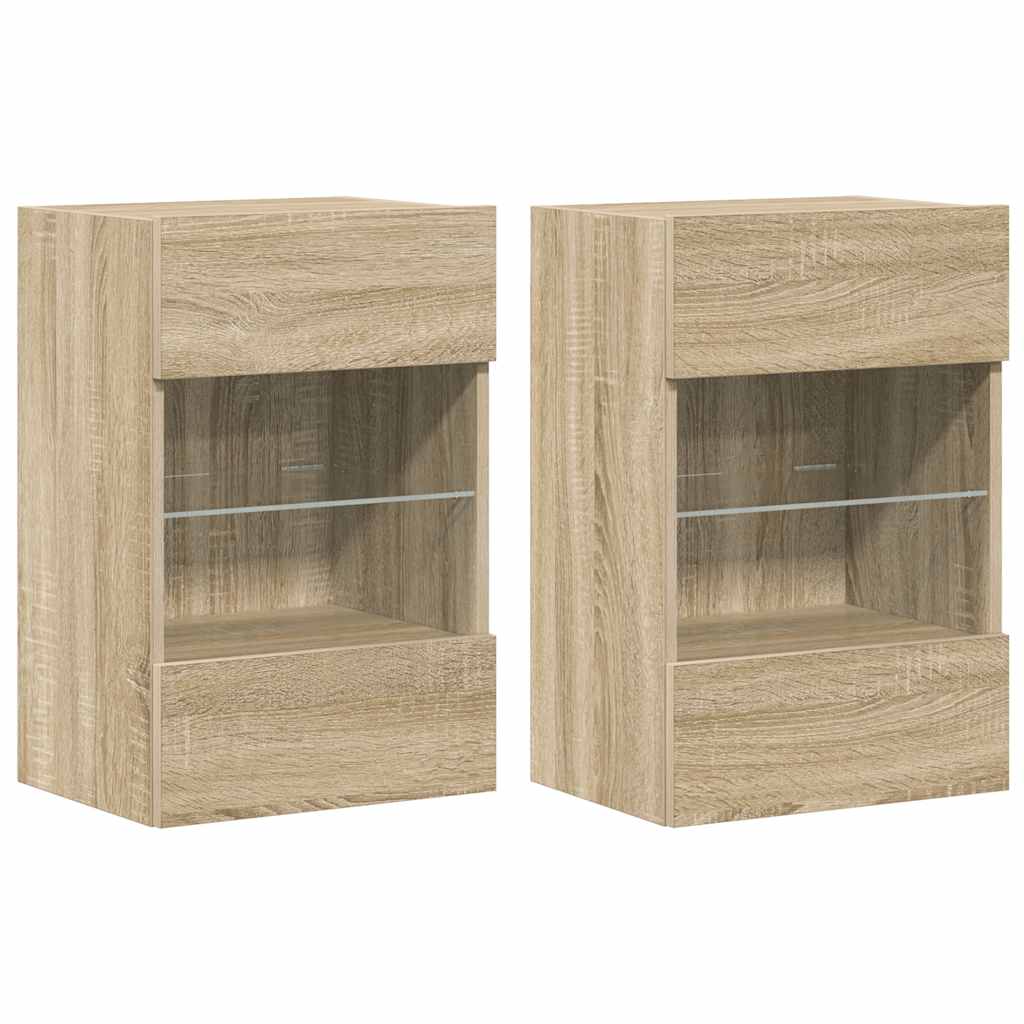 2 db sonoma tölgy színű fali szekrények LED világítással TV-hez 40x30x60,5 cm