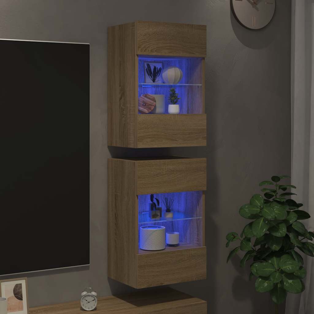 2 db sonoma tölgy színű fali szekrények LED világítással TV-hez 40x30x60,5 cm
