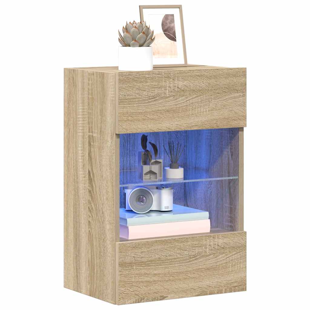 2 db sonoma tölgy színű fali szekrények LED világítással TV-hez 40x30x60,5 cm