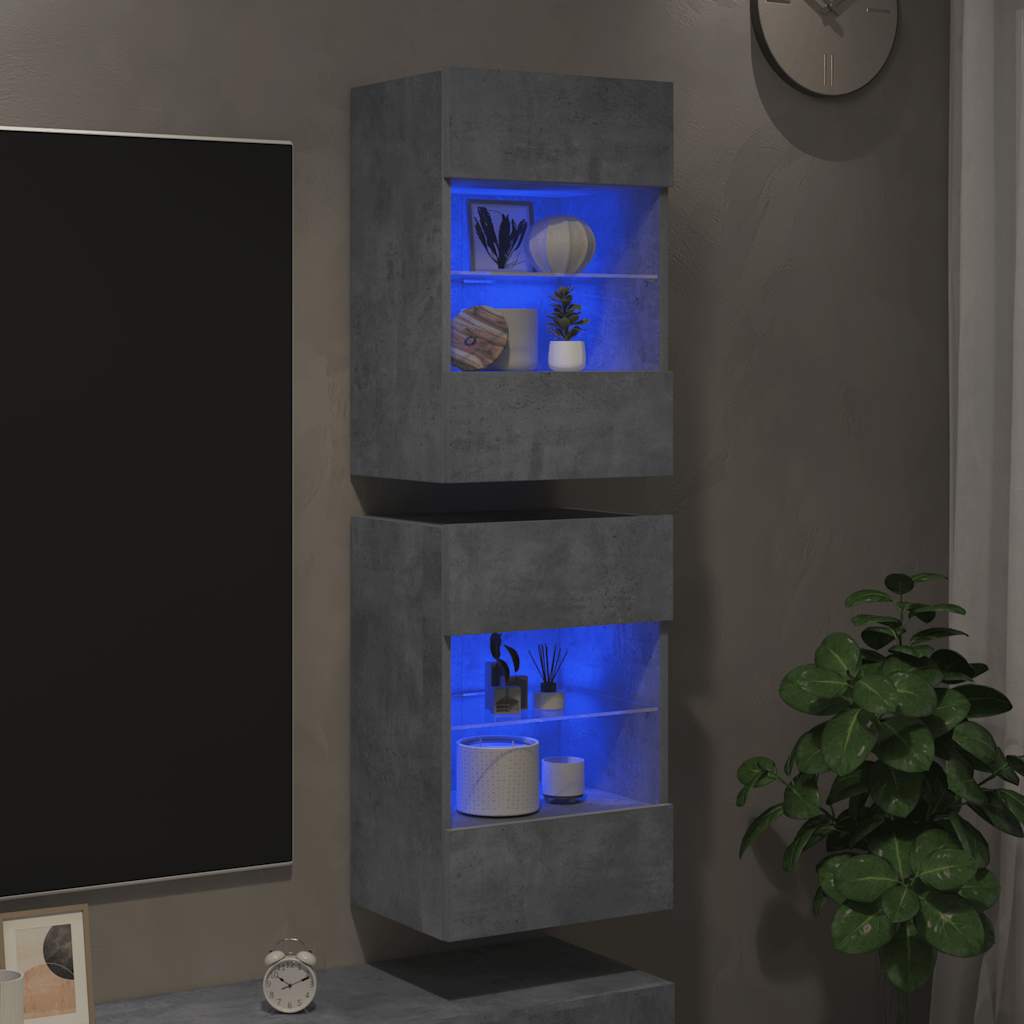 2 db betonszürke fali szekrények LED világítással TV-hez 40x30x60,5 cm