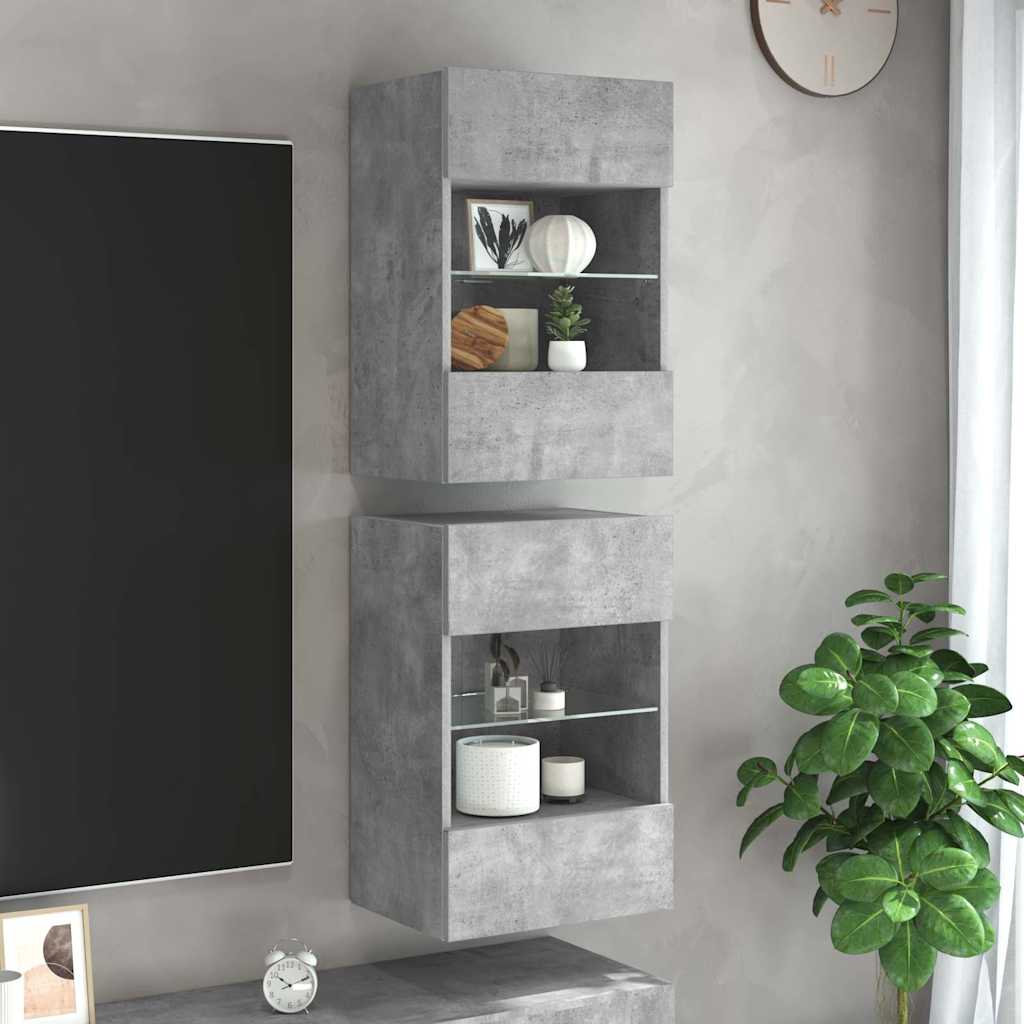2 db betonszürke fali szekrények LED világítással TV-hez 40x30x60,5 cm