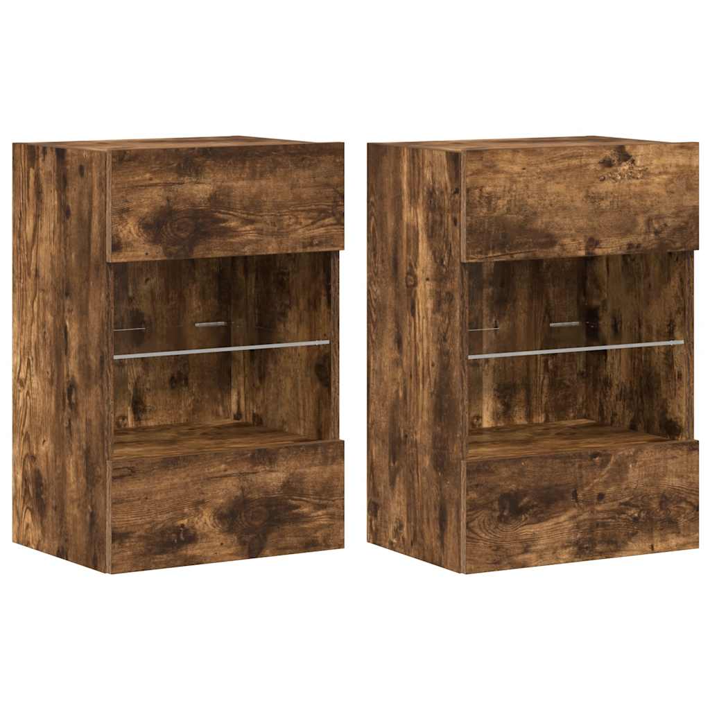 2 db füstös tölgy fali szekrények LED világítással TV-hez 40x30x60,5 cm