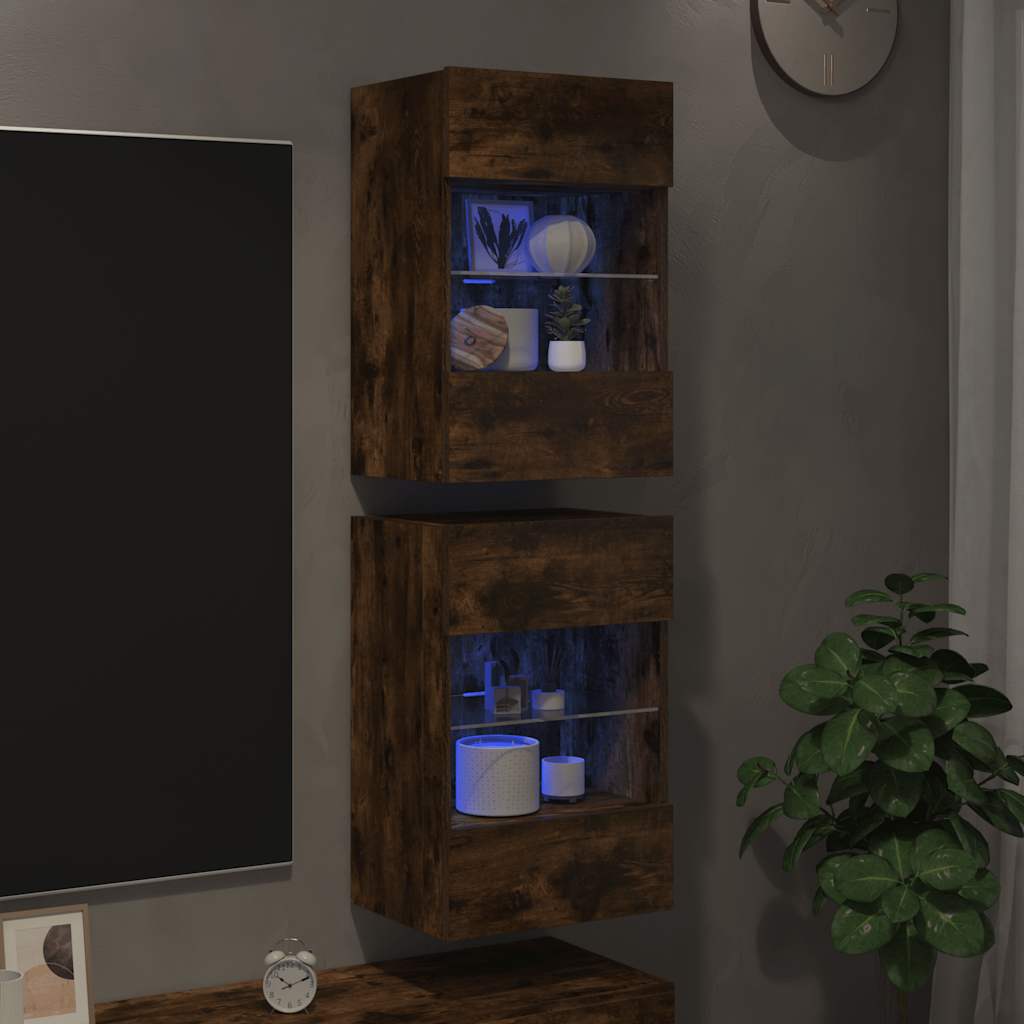 2 db füstös tölgy fali szekrények LED világítással TV-hez 40x30x60,5 cm