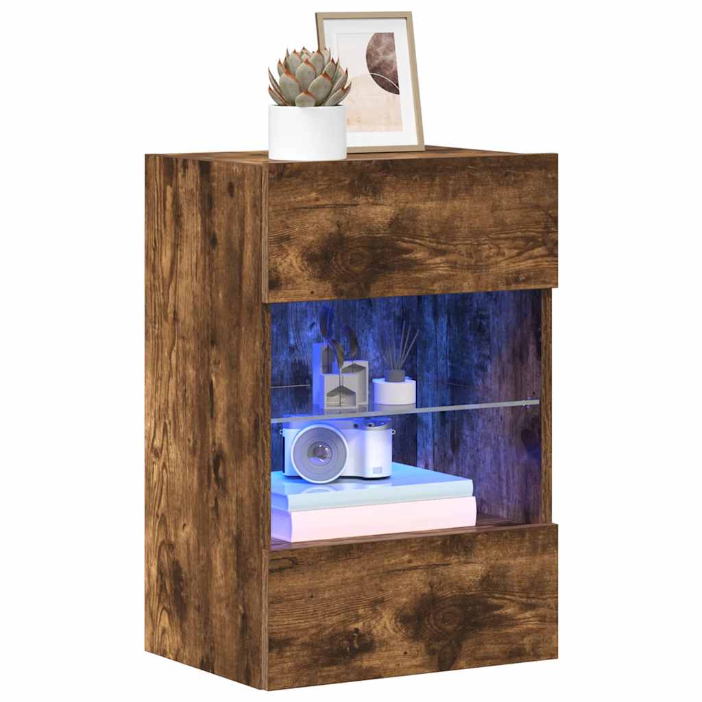 2 db füstös tölgy fali szekrények LED világítással TV-hez 40x30x60,5 cm