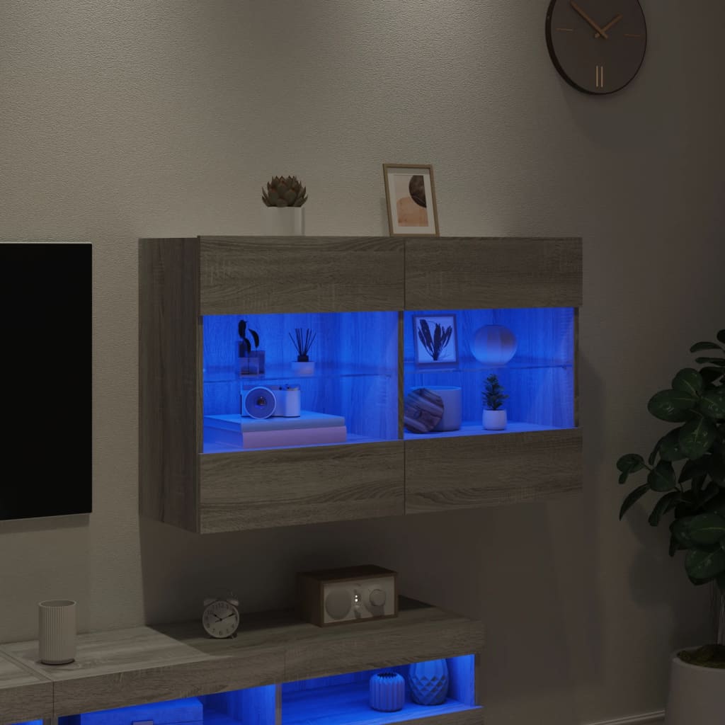 szürke sonoma színű fali TV-szekrény LED-ekkel 98,5x30x60,5 cm