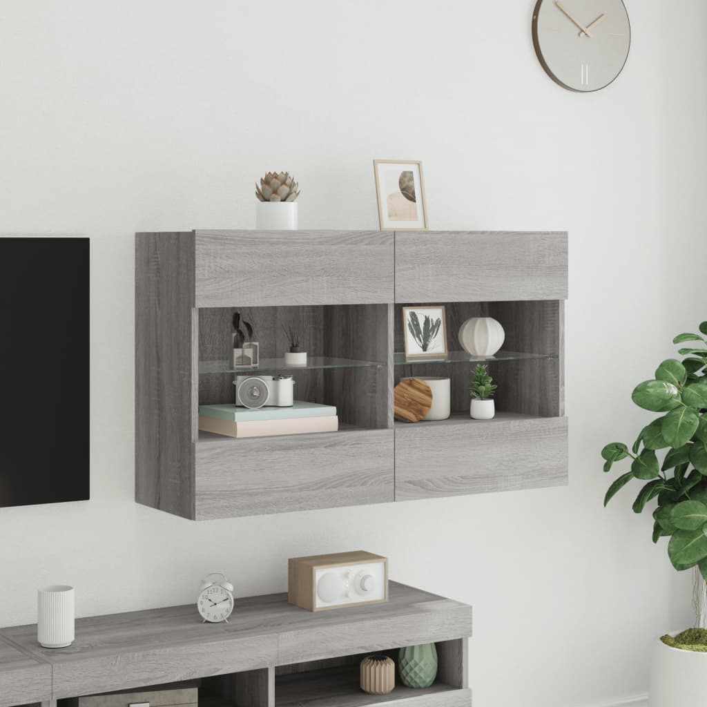 szürke sonoma színű fali TV-szekrény LED-ekkel 98,5x30x60,5 cm