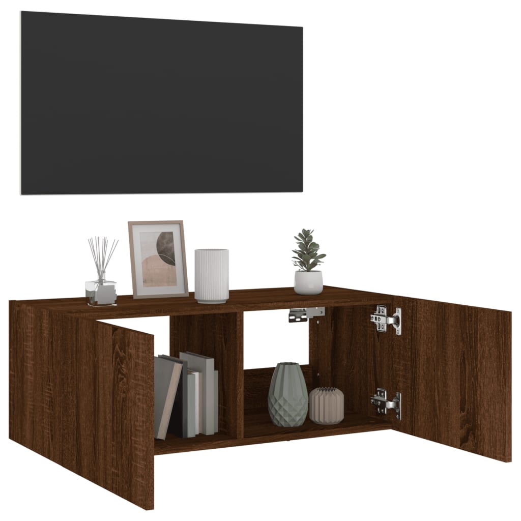 barna tölgyszínű fali TV-szekrény LED-del 80x35x31 cm