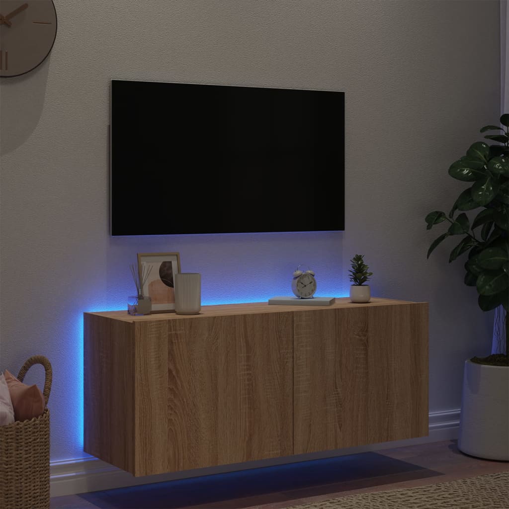 sonoma tölgy színű fali TV-szekrény LED-ekkel 100 x 35 x 41 cm