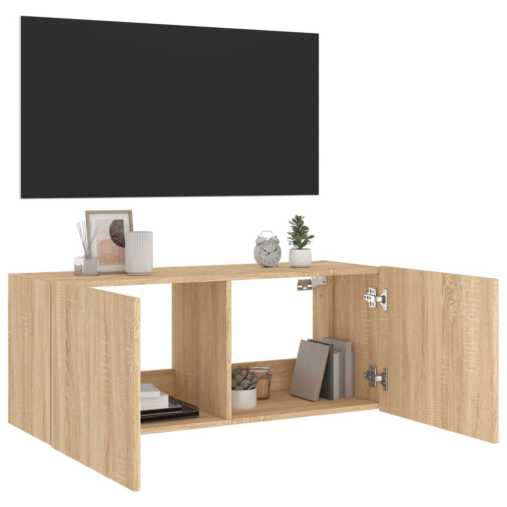 sonoma tölgy színű fali TV-szekrény LED-ekkel 100 x 35 x 41 cm