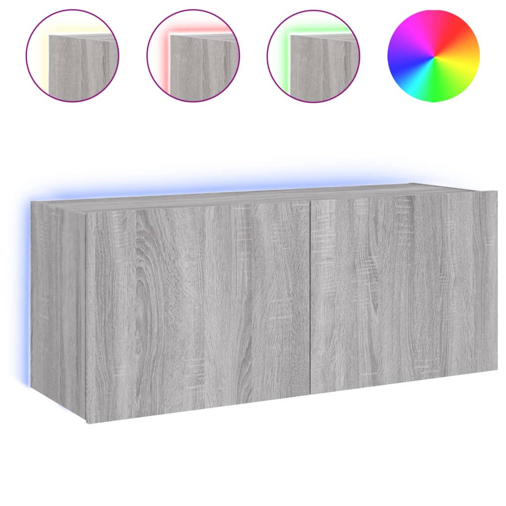 szürke sonoma színű fali TV-szekrény LED-ekkel 100 x 35 x 41 cm