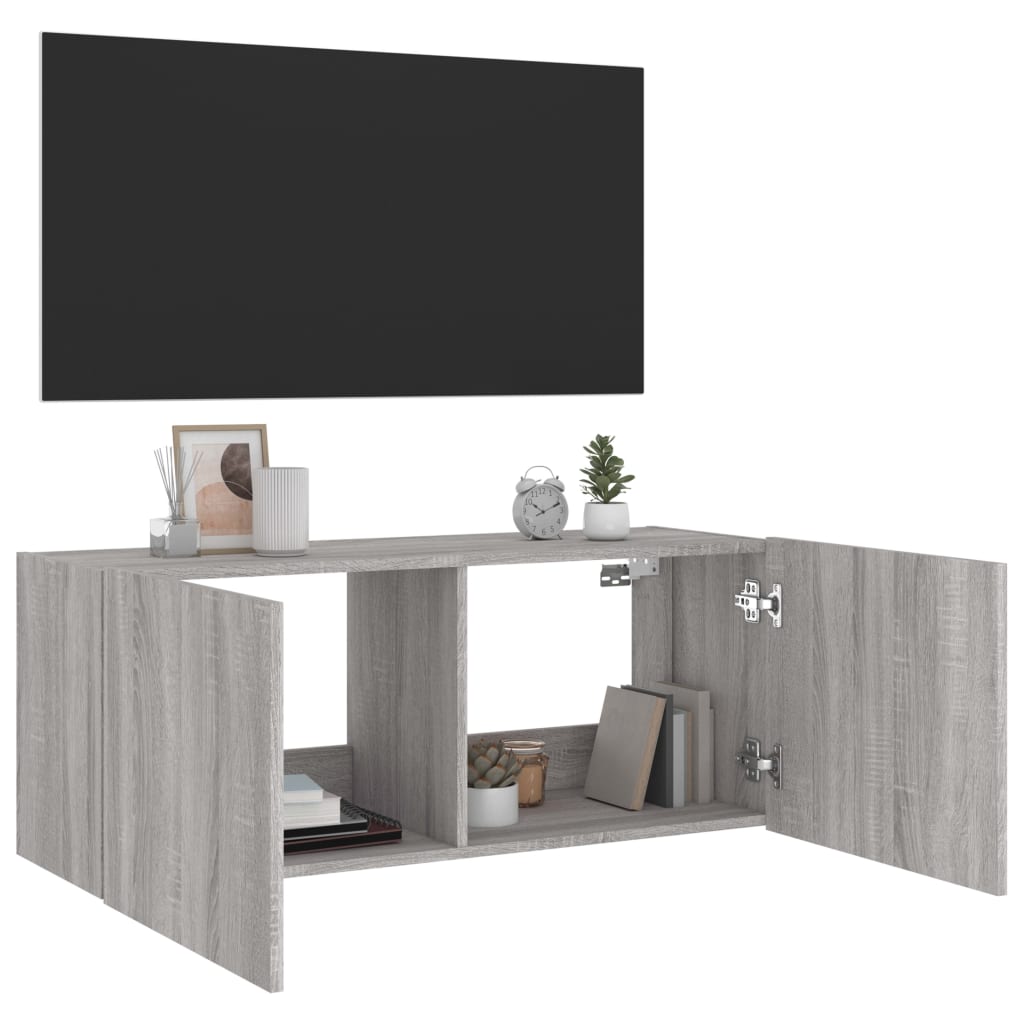szürke sonoma színű fali TV-szekrény LED-ekkel 100 x 35 x 41 cm