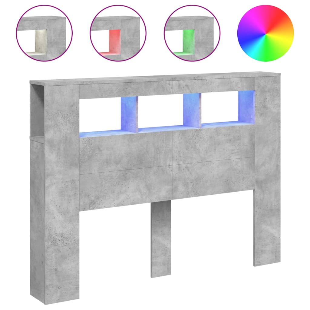 betonszürke szerelt fa LED-es fejtámla 140x18,5x103,5 cm