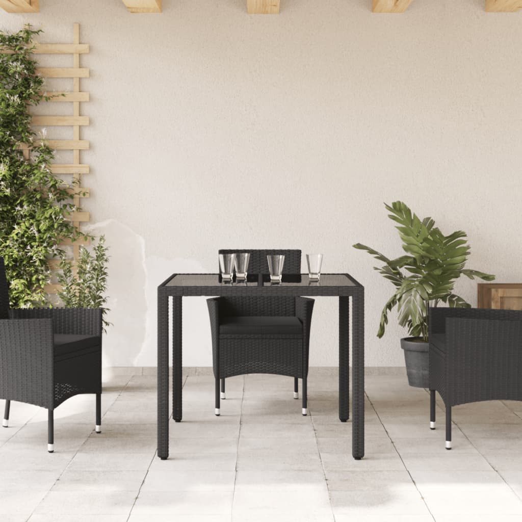fekete polyrattan üveglapos kerti asztal 90 x 90 x 75 cm