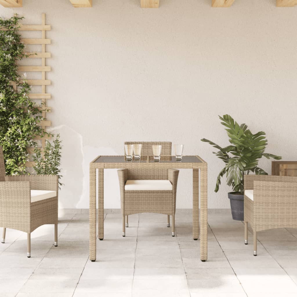 bézs polyrattan üveglapos kerti asztal 90 x 90 x 75 cm
