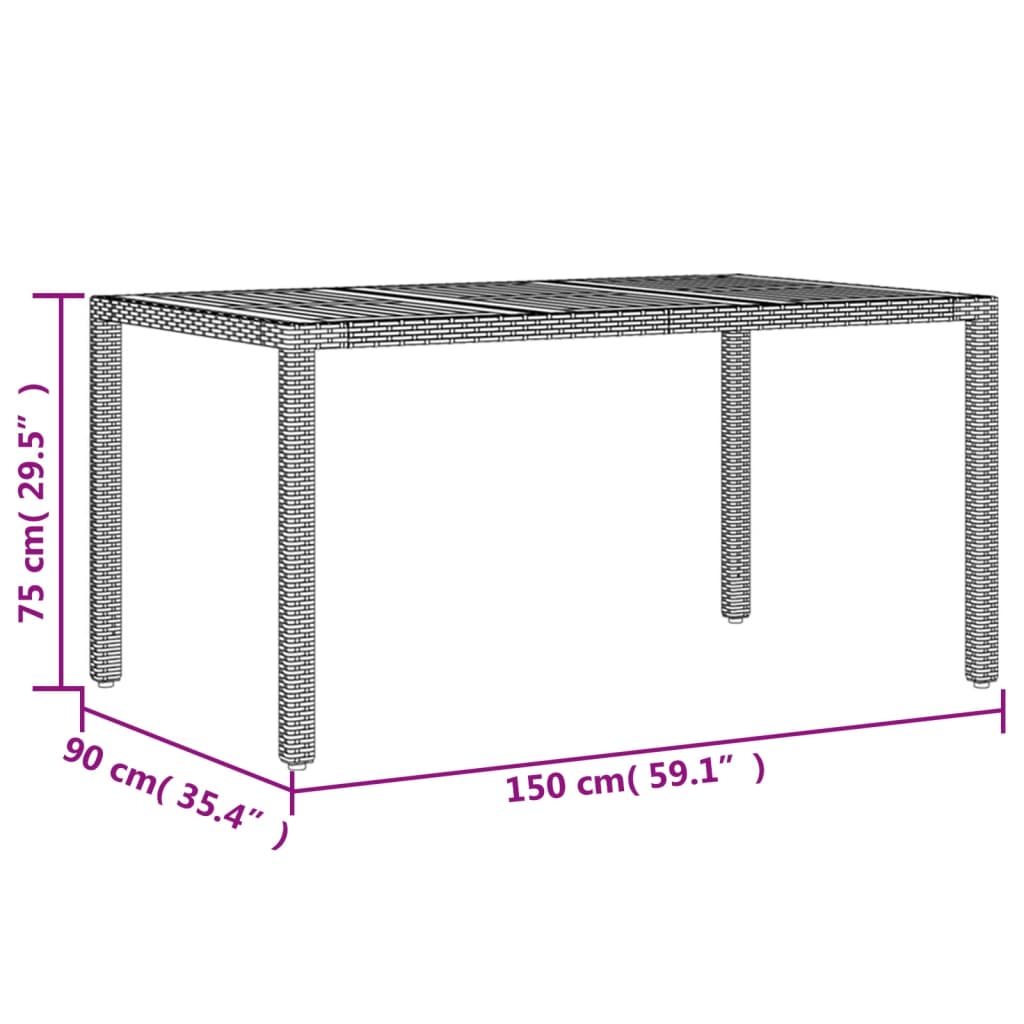 szürke polyrattan kerti asztal akácfa lappal 150 x 90 x 75 cm