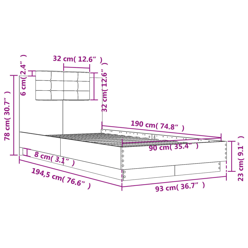 sonoma tölgy színű szerelt fa ágykeret fejtámlával 90 x 190 cm