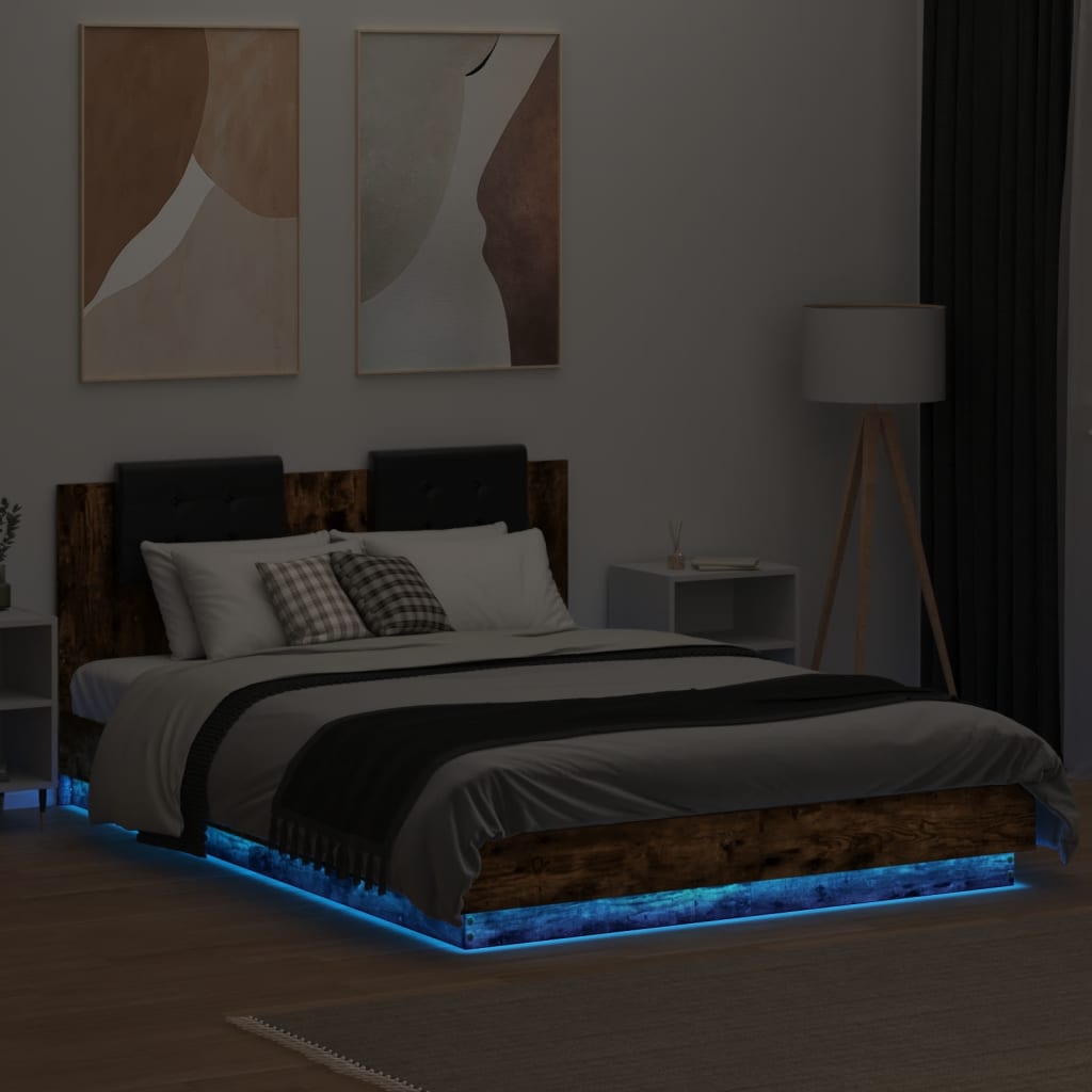 füstös tölgy színű ágykeret fejtámlával és LED-ekkel 150x200 cm