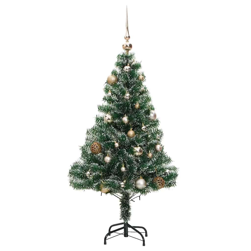 műkarácsonyfa 150 LED-del, gömbszettel és hópehellyel 150 cm
