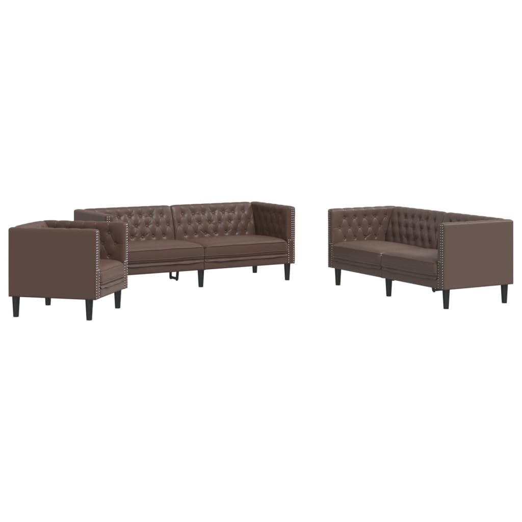 3 részes barna műbőr Chesterfield kanapégarnitúra