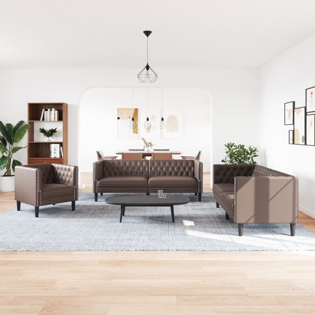3 részes barna műbőr Chesterfield kanapégarnitúra