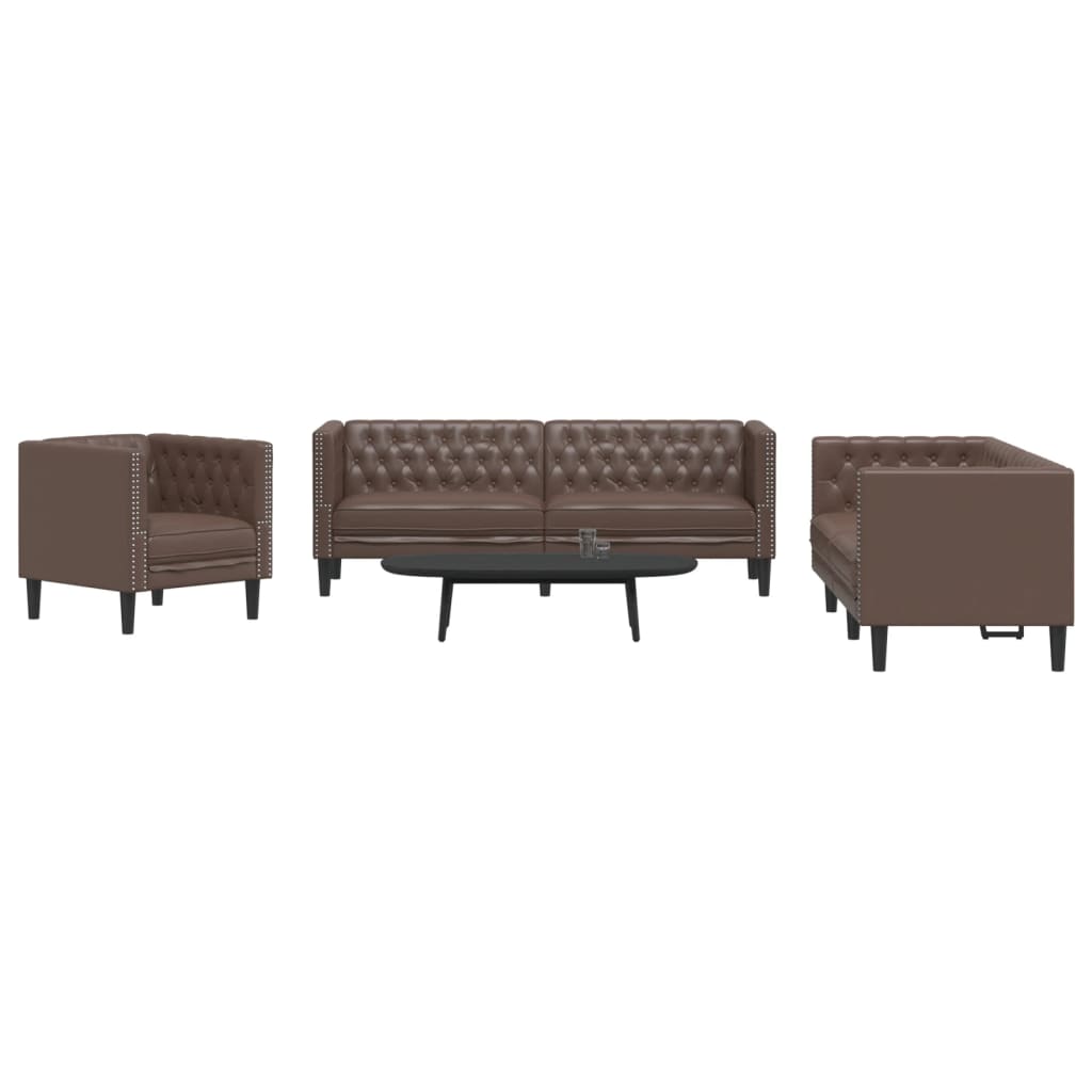 3 részes barna műbőr Chesterfield kanapégarnitúra