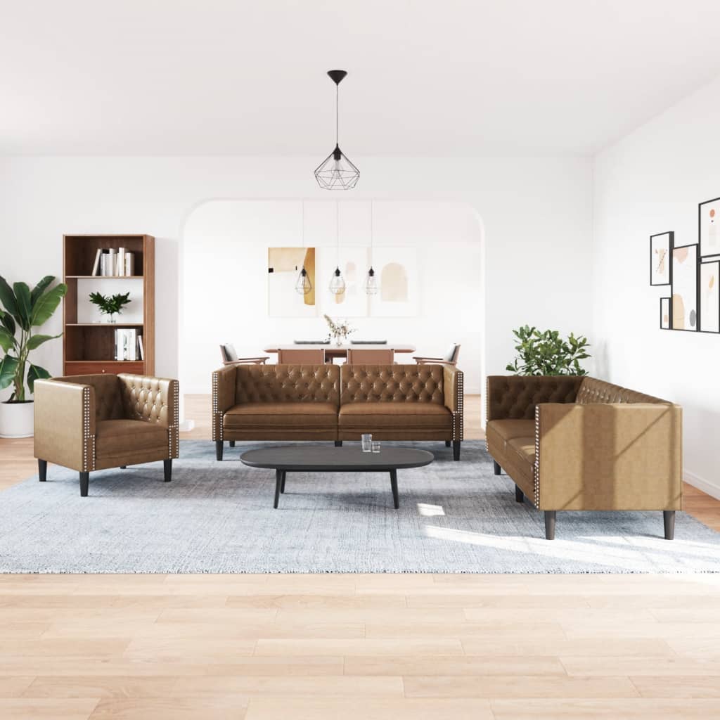 3 részes barna művelúr Chesterfield kanapégarnitúra