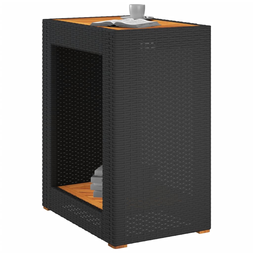 fekete polyrattan kerti kisasztal fa asztallappal 60x40x75 cm