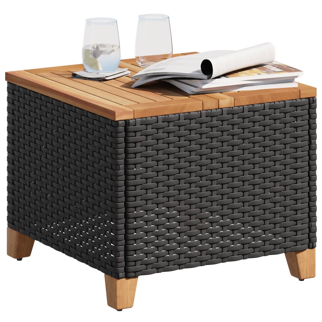 fekete polyrattan és akácfa kerti asztal 45 x 45 x 37 cm