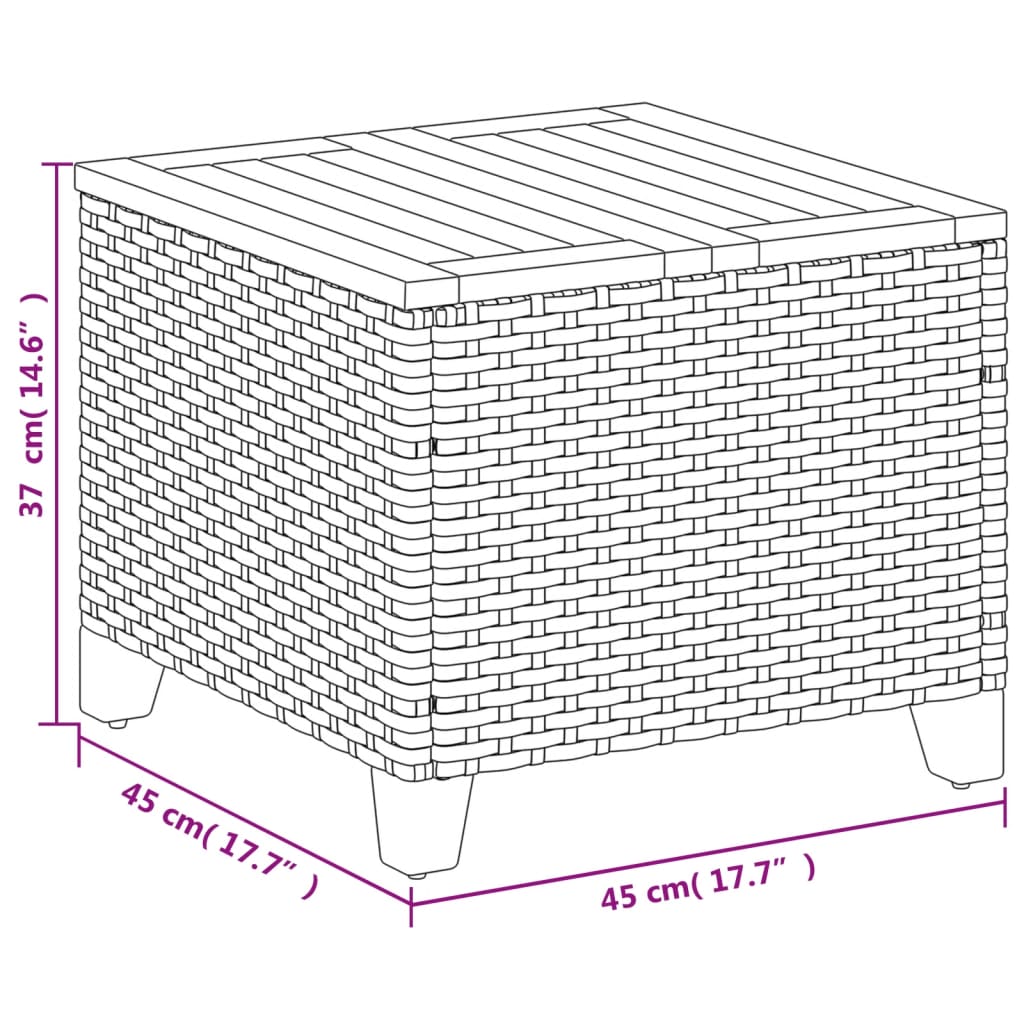fekete polyrattan és akácfa kerti asztal 45 x 45 x 37 cm