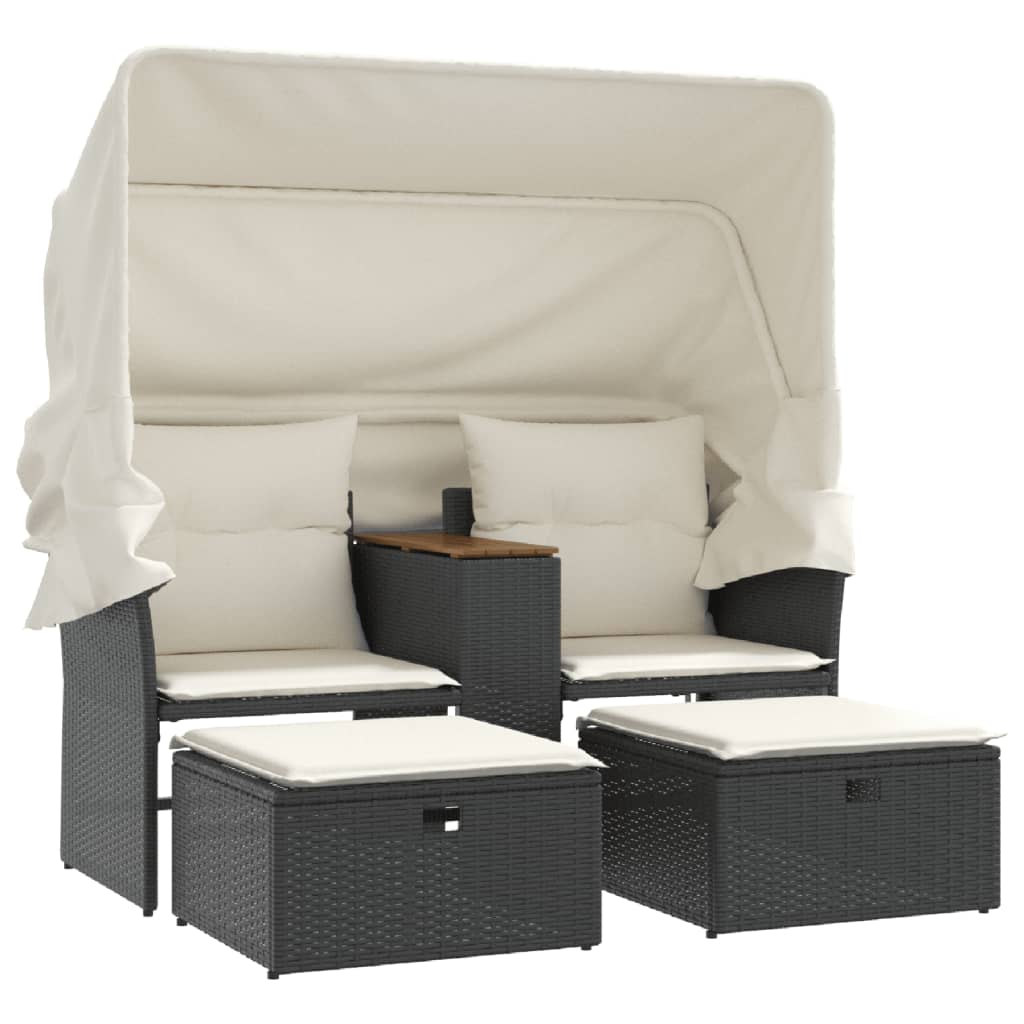 2 személyes fekete polyrattan kerti kanapé baldachinnal/székkel