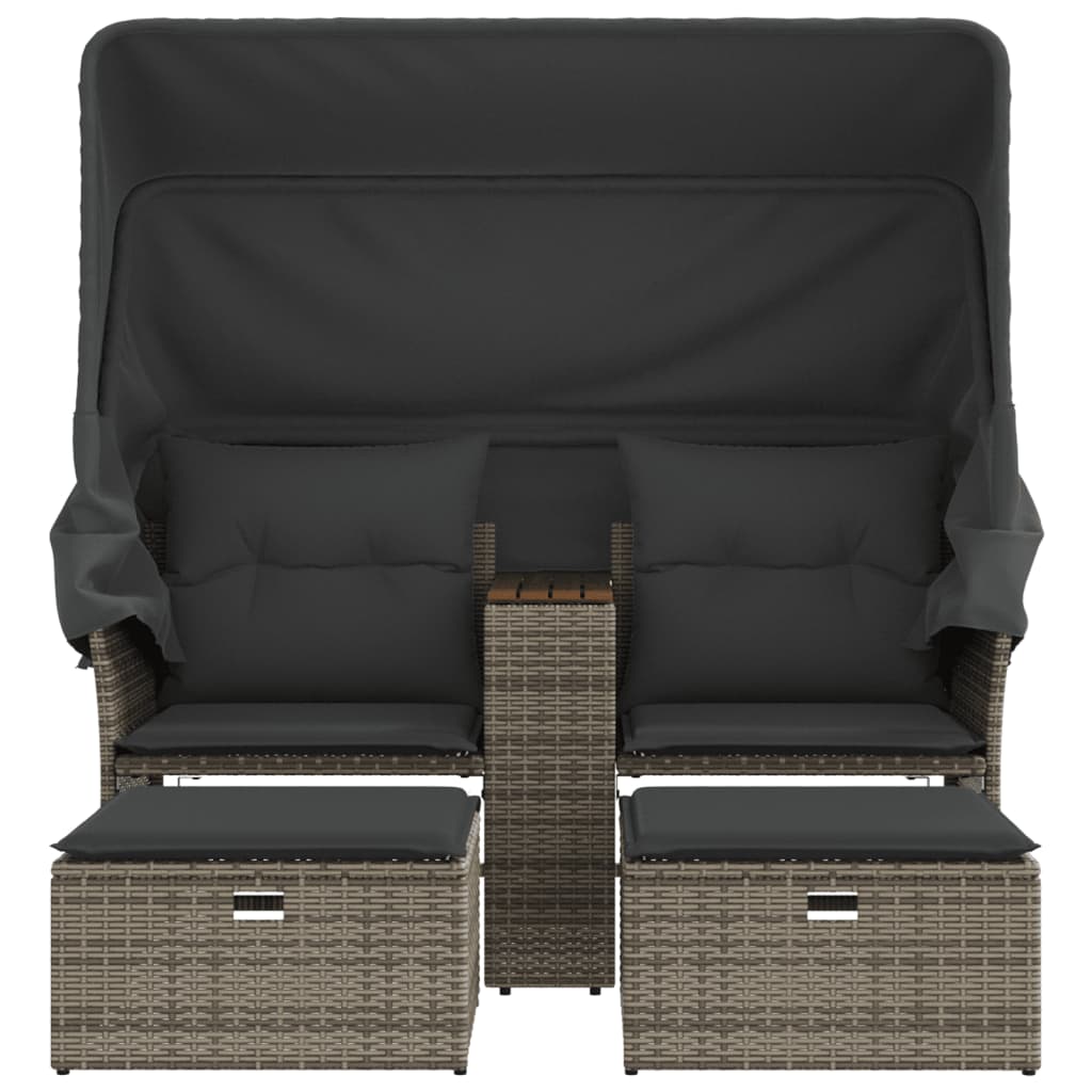 2 személyes szürke polyrattan kerti kanapé baldachinnal/székkel