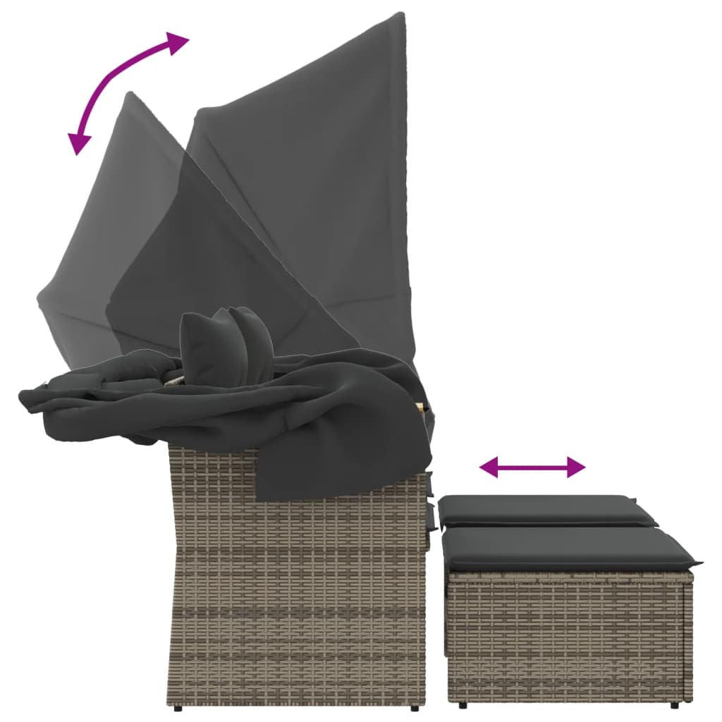 2 személyes szürke polyrattan kerti kanapé baldachinnal/székkel