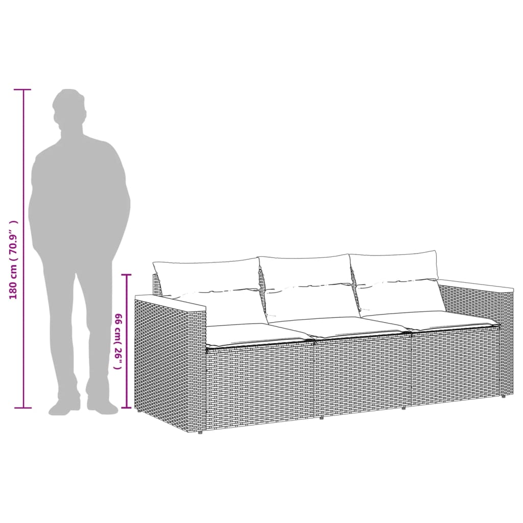 3 személyes szürke polyrattan kerti kanapé párnával