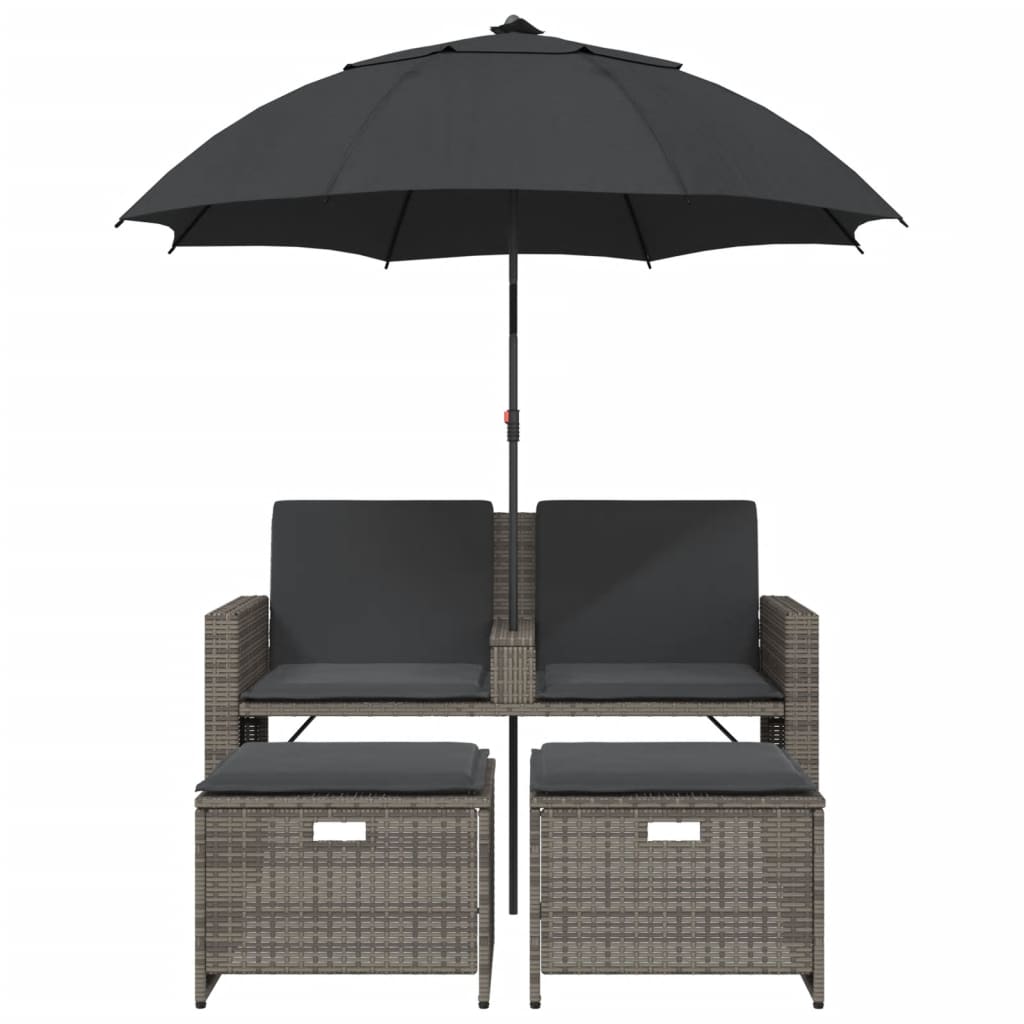2 személyes szürke polyrattan kerti kanapé napernyővel/székkel