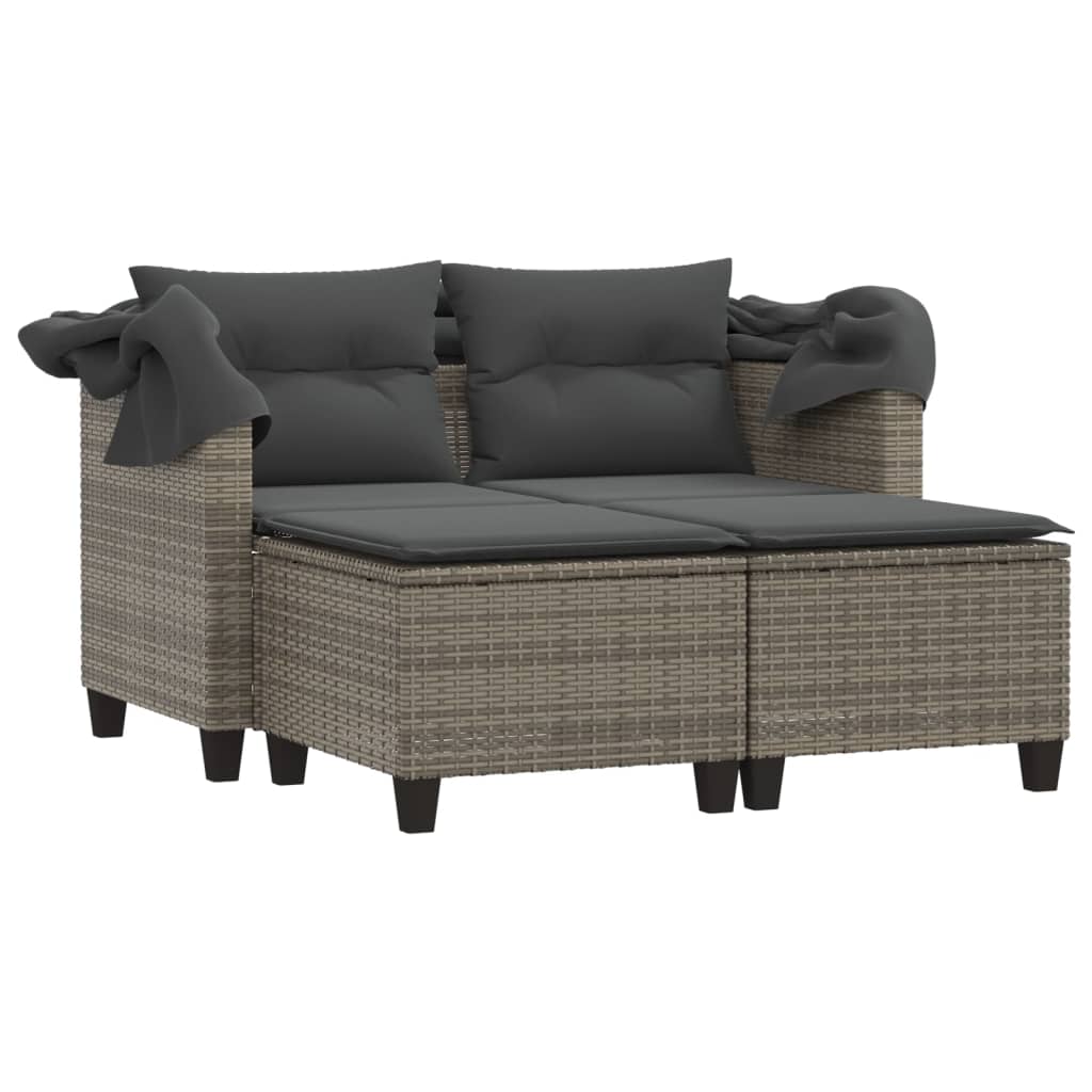 2 személyes szürke polyrattan kerti kanapé baldachinnal/székkel
