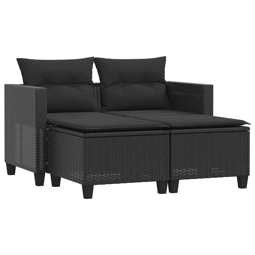 2 személyes fekete polyrattan kerti kanapé zsámollyal