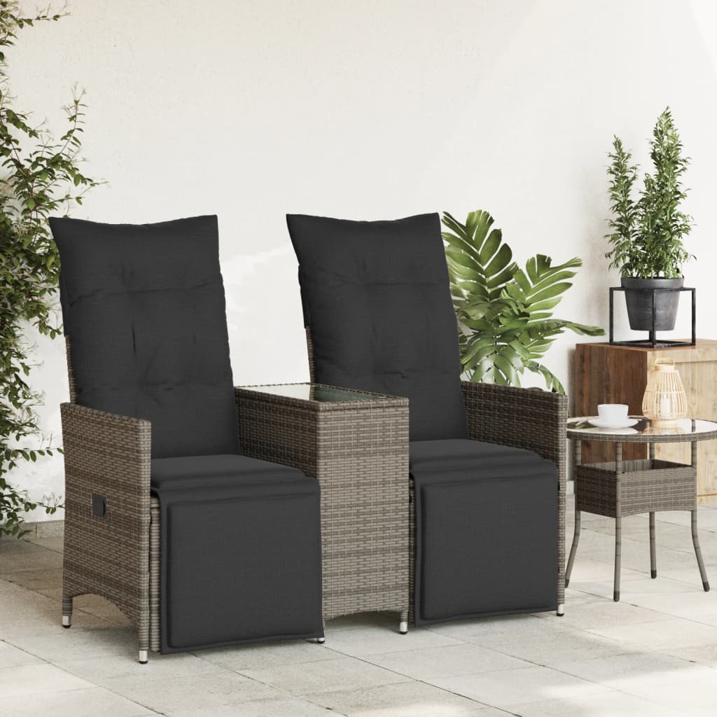 2 személyes szürke polyrattan dönthető kerti kanapé asztallal