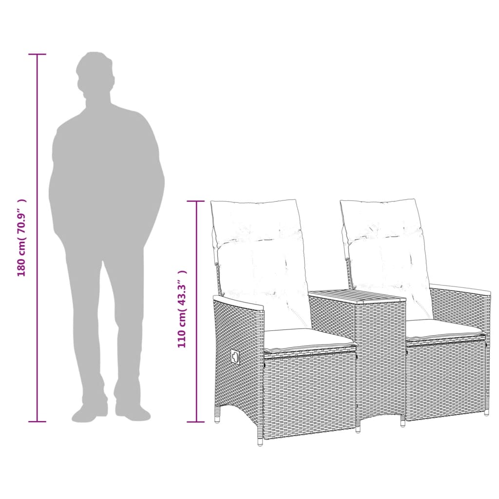 2 személyes fekete polyrattan dönthető kerti kanapé asztallal