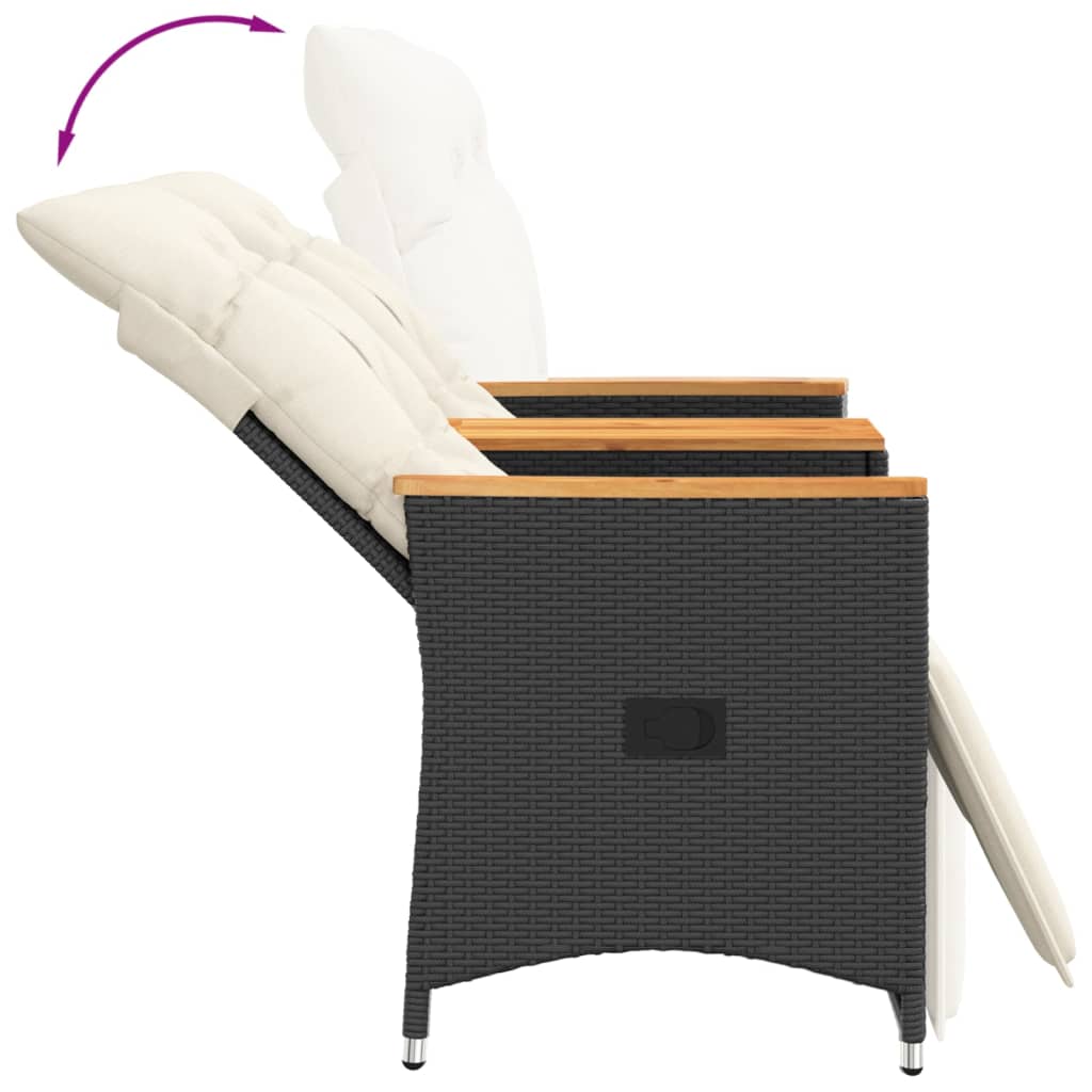 2 személyes fekete polyrattan dönthető kerti kanapé asztallal