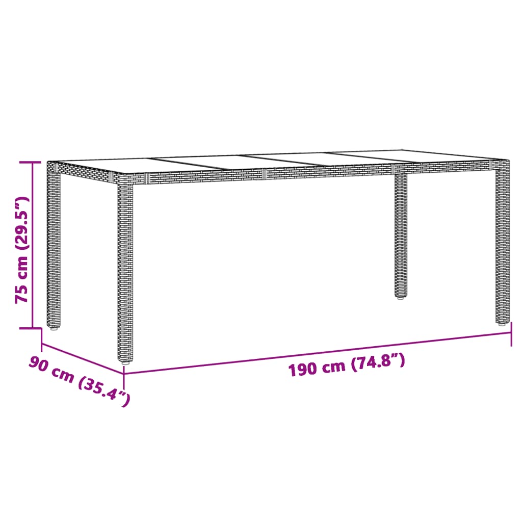 szürke polyrattan üveglapos kerti asztal 190 x 90 x 75 cm