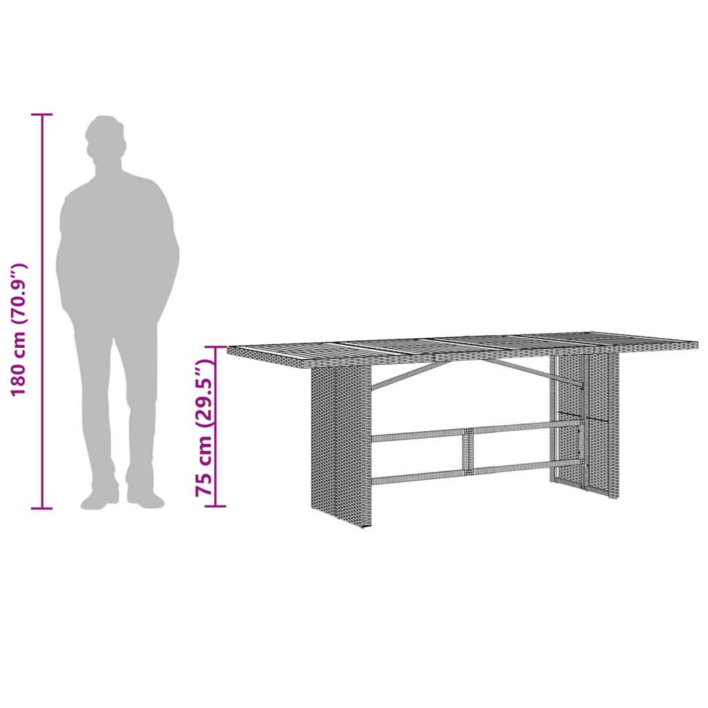 fekete polyrattan kerti asztal akácfa lappal 190 x 80 x 75 cm