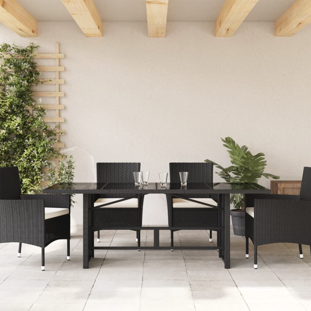 fekete polyrattan üveglapos kerti asztal 190 x 80 x 75 cm