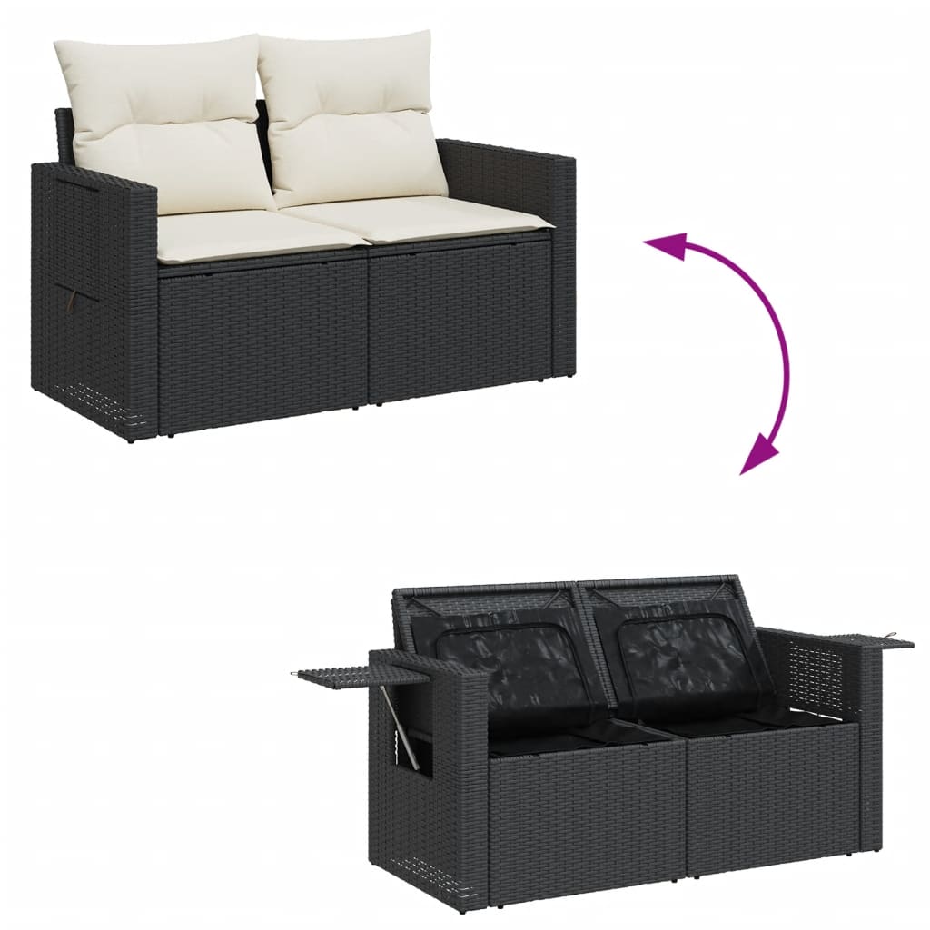 2 személyes fekete polyrattan kerti kanapé párnával